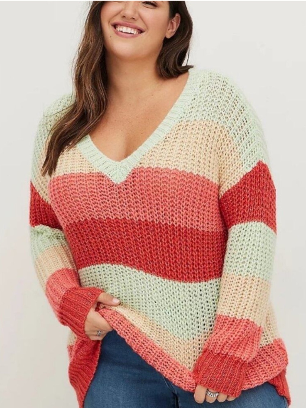 Torrid Color Block Striped V-Neck Sweater 1X